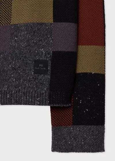 Ps By Paul Smith Black Wool-blend Rich Tone Patchwork Button-up Sweater In Multi
