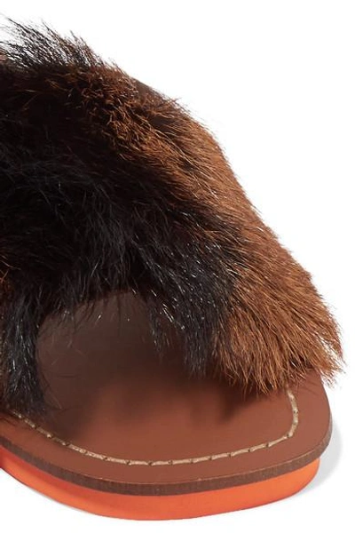 Shop Prada Goat Hair-trimmed Leather Slides In Brown