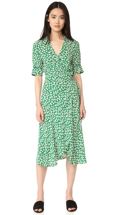 Ganni Dalton Floral-print Crepe Wrap Dress In Verdant Green