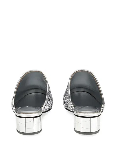 Ferragamo Glitter-effect Block-heel Mules In Silver