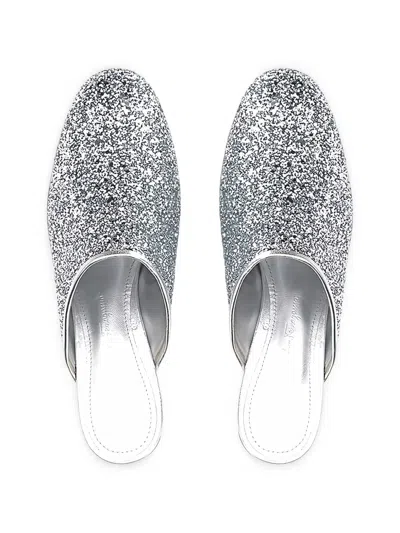 Ferragamo Glitter-effect Block-heel Mules In Silver