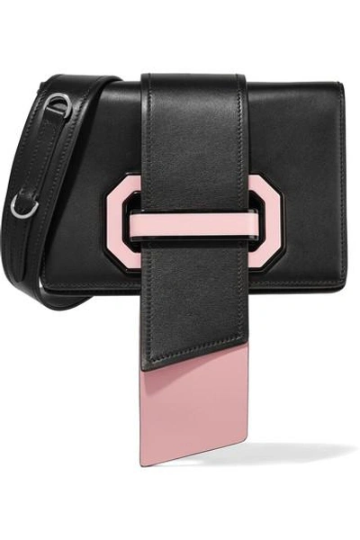 Shop Prada Ribbon Plexi Two-tone Textured-leather Shoulder Bag In Black