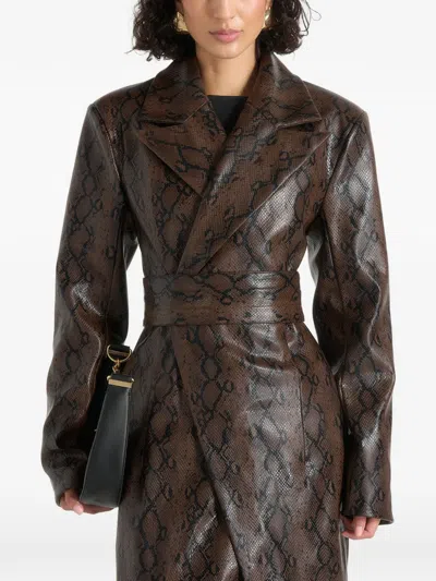 Manière De Voir Esma Python Asymmetric Coat With Cinch Belt In Brown