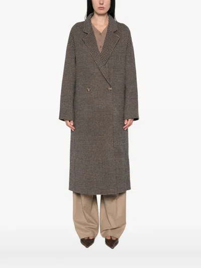 Soft Goat Houndstooth Double-breasted Coat In Gray
