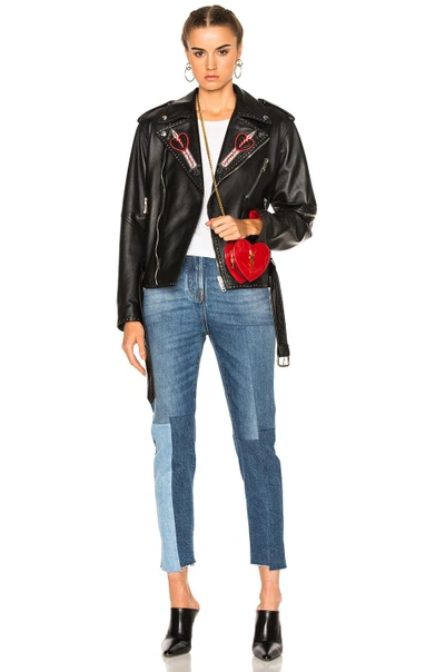 Shop Valentino Heart Embroidered Motorcycle Jacket In Black