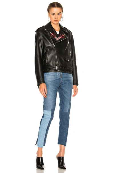 Shop Valentino Heart Embroidered Motorcycle Jacket In Black