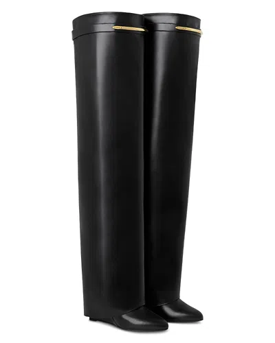 Givenchy Women Black Sandals With Logo Plaque On The Front And High Wedge Heel In Leather Woman In Black