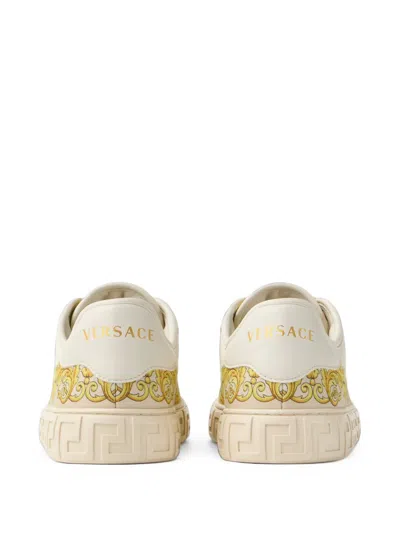 Versace Greca Printed Silk-twill Trainers In Neutral