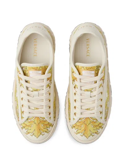 Versace Greca Printed Silk-twill Trainers In Neutral