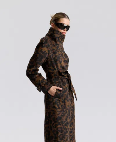 Avec Les Filles Womens Leopard Wool Trench Coat In Java Leopard