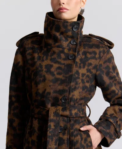 Avec Les Filles Womens Leopard Wool Trench Coat In Java Leopard