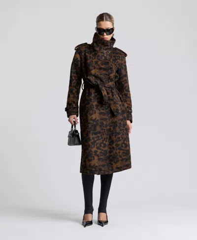 Avec Les Filles Womens Leopard Wool Trench Coat In Java Leopard