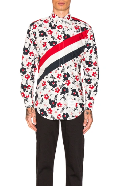 Shop Thom Browne Floral Print Diagonal Stripe Shirt In Blue, Floral, Red, Stripes, White.  In Red, White & Blue