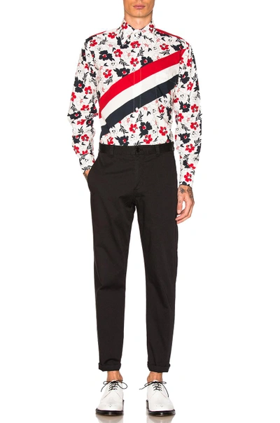 Shop Thom Browne Floral Print Diagonal Stripe Shirt In Blue, Floral, Red, Stripes, White.  In Red, White & Blue