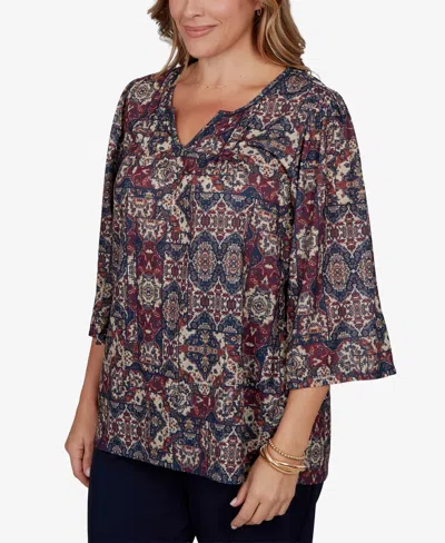 Ruby Rd. Plus Size Patchwork Henley 3/4-sleeve Blouse In Scarlet Multi