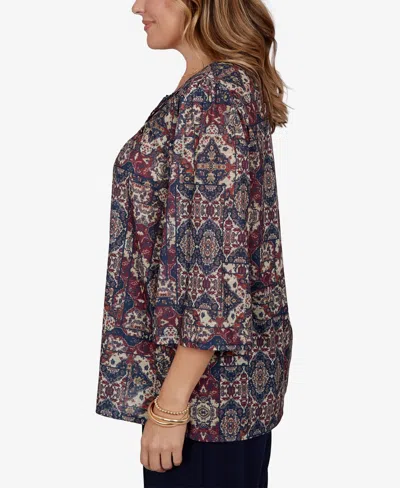 Ruby Rd. Plus Size Patchwork Henley 3/4-sleeve Blouse In Scarlet Multi