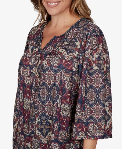 Ruby Rd. Plus Size Patchwork Henley 3/4-sleeve Blouse In Scarlet Multi