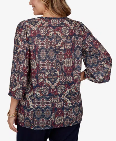 Ruby Rd. Plus Size Patchwork Henley 3/4-sleeve Blouse In Scarlet Multi