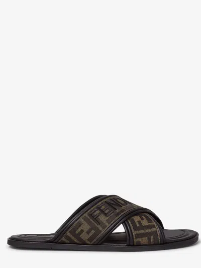 Fendi Logo-embroidered Slides In Brown