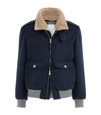 Brunello Cucinelli Shearling-collar Bomber Jacket In Blue