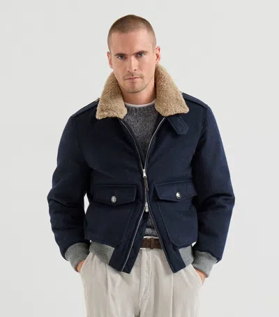 Brunello Cucinelli Shearling-collar Bomber Jacket In Blue