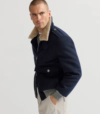 Brunello Cucinelli Shearling-collar Bomber Jacket In Blue