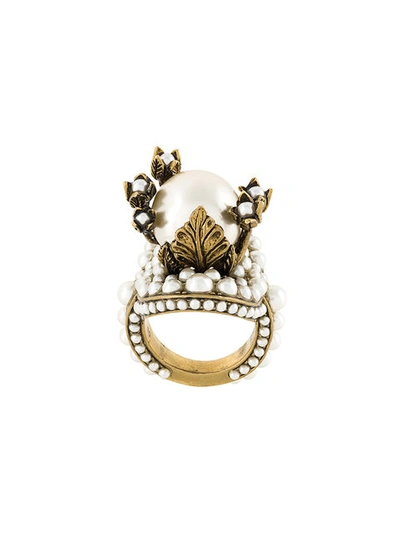 Shop Gucci Flower Ring With Glass Pearls - Metallic
