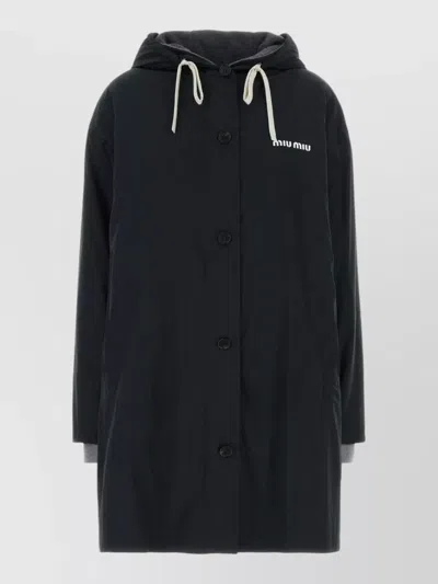 Miu Miu Single-breasted Hooded Parka Coat In Black