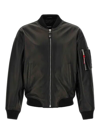 Dsquared2 Leather Jacket Front Pockets Ribbed Cuffs In Black