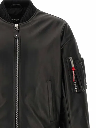 Dsquared2 Leather Jacket Front Pockets Ribbed Cuffs In Black