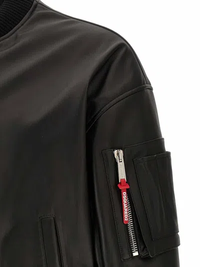 Dsquared2 Leather Jacket Front Pockets Ribbed Cuffs In Black