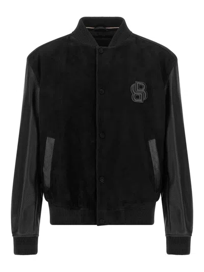 Hugo Boss Textured Microfiber Bomber Jacket In Black