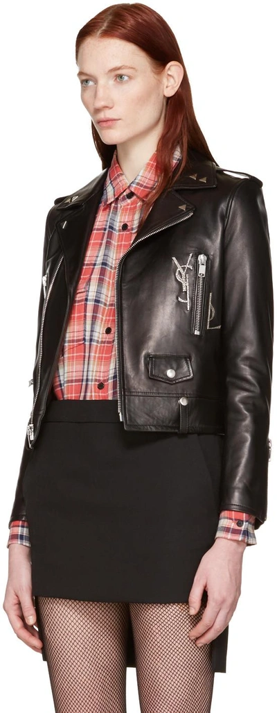 Shop Saint Laurent Black Leather Cassandre Motorcycle Jacket