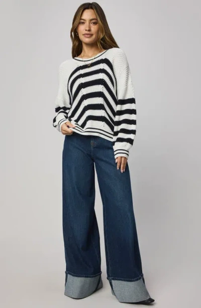 Splendid Vienna Chevron Cotton Sweater In White/ Navy Blue