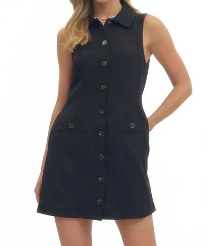 Entro Solid Sleeveless Mini Button Dress In Black In Black