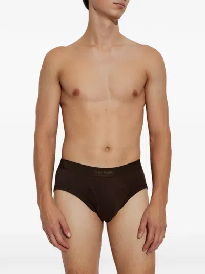Tom Ford Logo-waistband Briefs In Brown