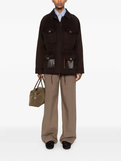 Sandro Leather-trim Wool Coat In Brown