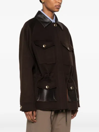 Sandro Leather-trim Wool Coat In Brown