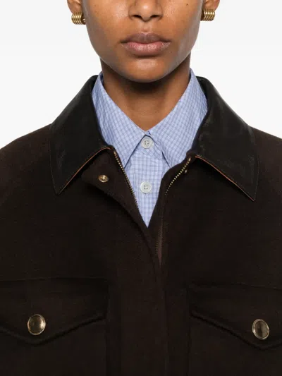 Sandro Leather-trim Wool Coat In Brown