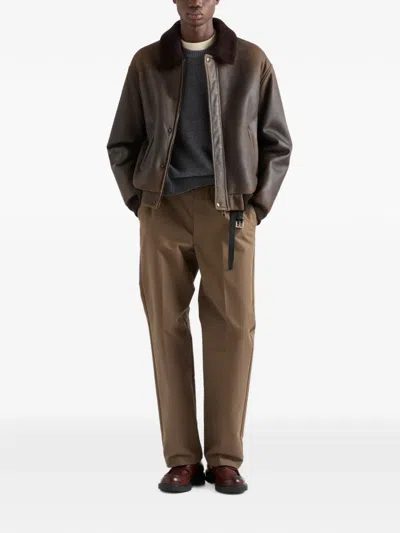 Prada Collared Long-sleeved Leather Jacket In Brown