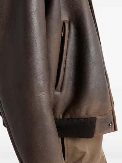 Prada Collared Long-sleeved Leather Jacket In Brown