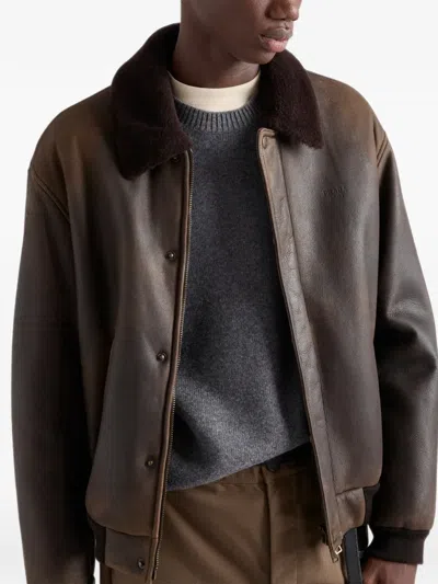 Prada Collared Long-sleeved Leather Jacket In Brown