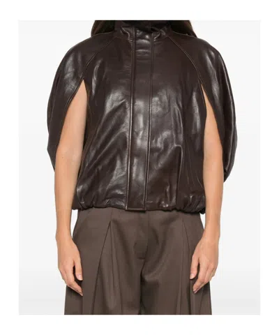 Simkhai Leather Cape Jacket In Dark Brown