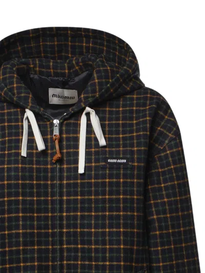 Miu Miu Check-pattern Hooded Jacket In Blue