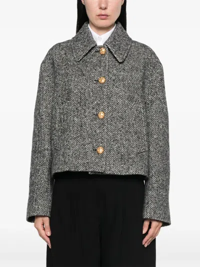 Valentino Tailored Peacoat Cropped Houndstooth Long Sleeves In Gray