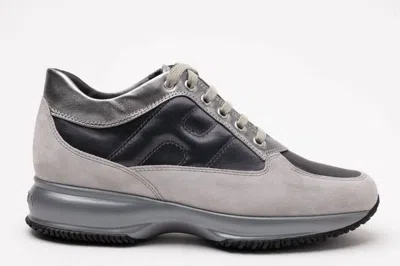 Hogan Interactive Allacciato Metallic-panel Suede Sneakers In Gray