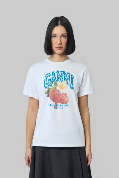 Ganni Womens Bright White Jersey Strawberry Printed Round-neck Cotton-jersey T-shirt In White