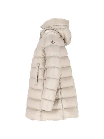 Moncler Suyenne Hooded Long Down Jacket In Neutral
