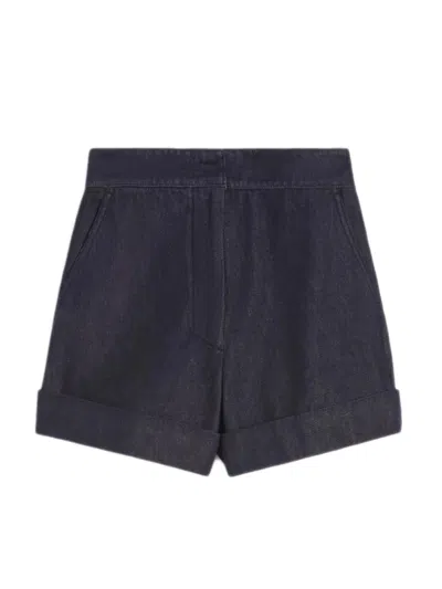Max Mara Cotton High-waisted Shorts With Slightly Flared Lines And Turned-up Hem In Blu