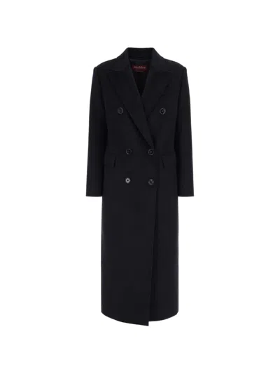 Max Mara Studio Double-breasted Virgin Wool Long Jacket In Black